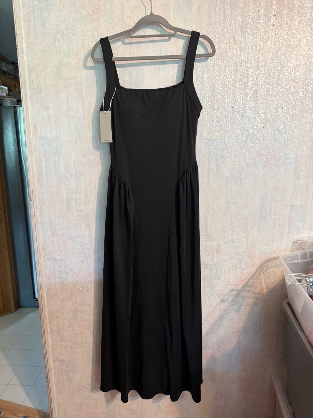 HALARA Black Square Neck, Ultra Feminine Maxi Dress, Flares Out At Hips, Sz Sm